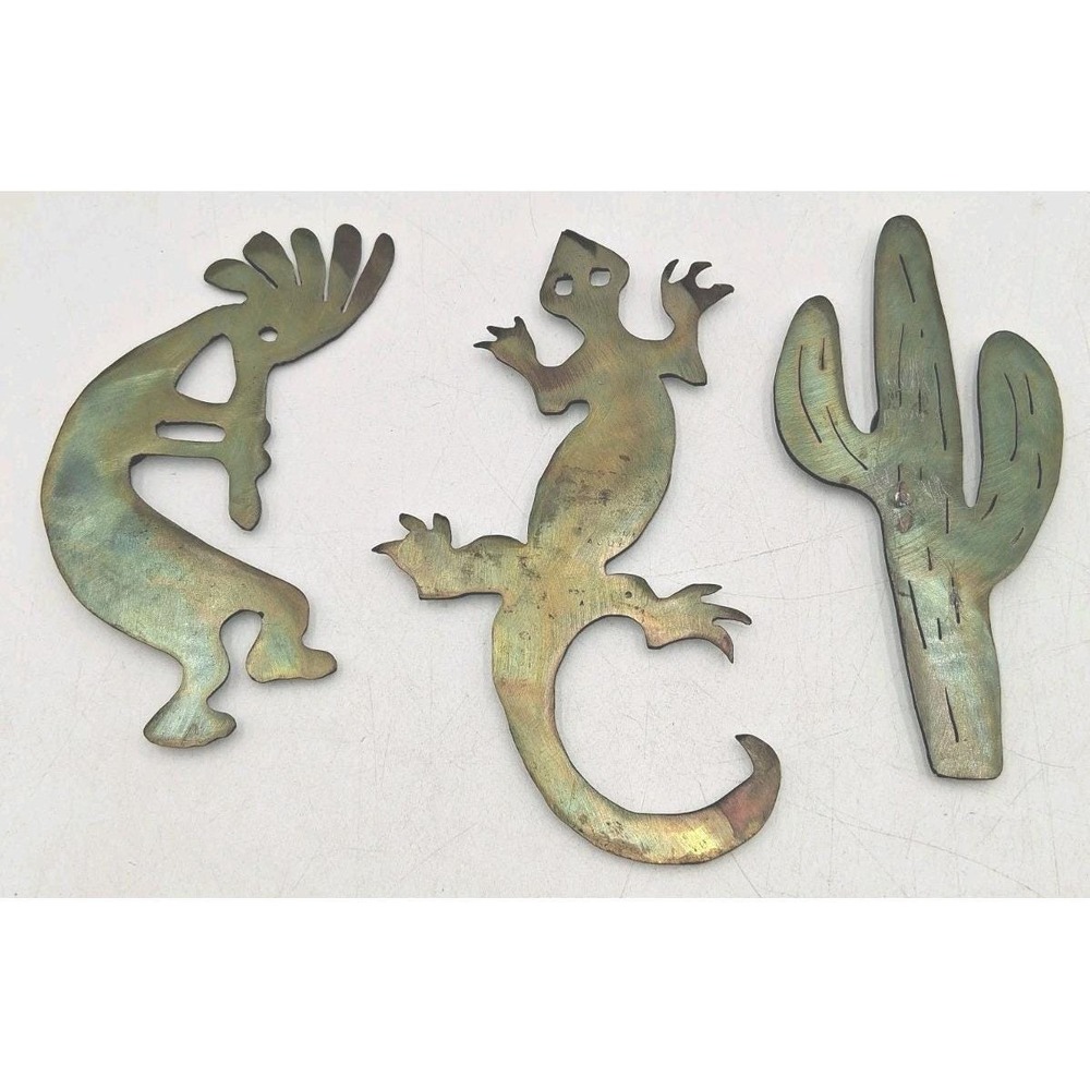 Kokopelli Lizard Cactus Figures 3 Metal Refrigerator Magnets Hand Cut Signed